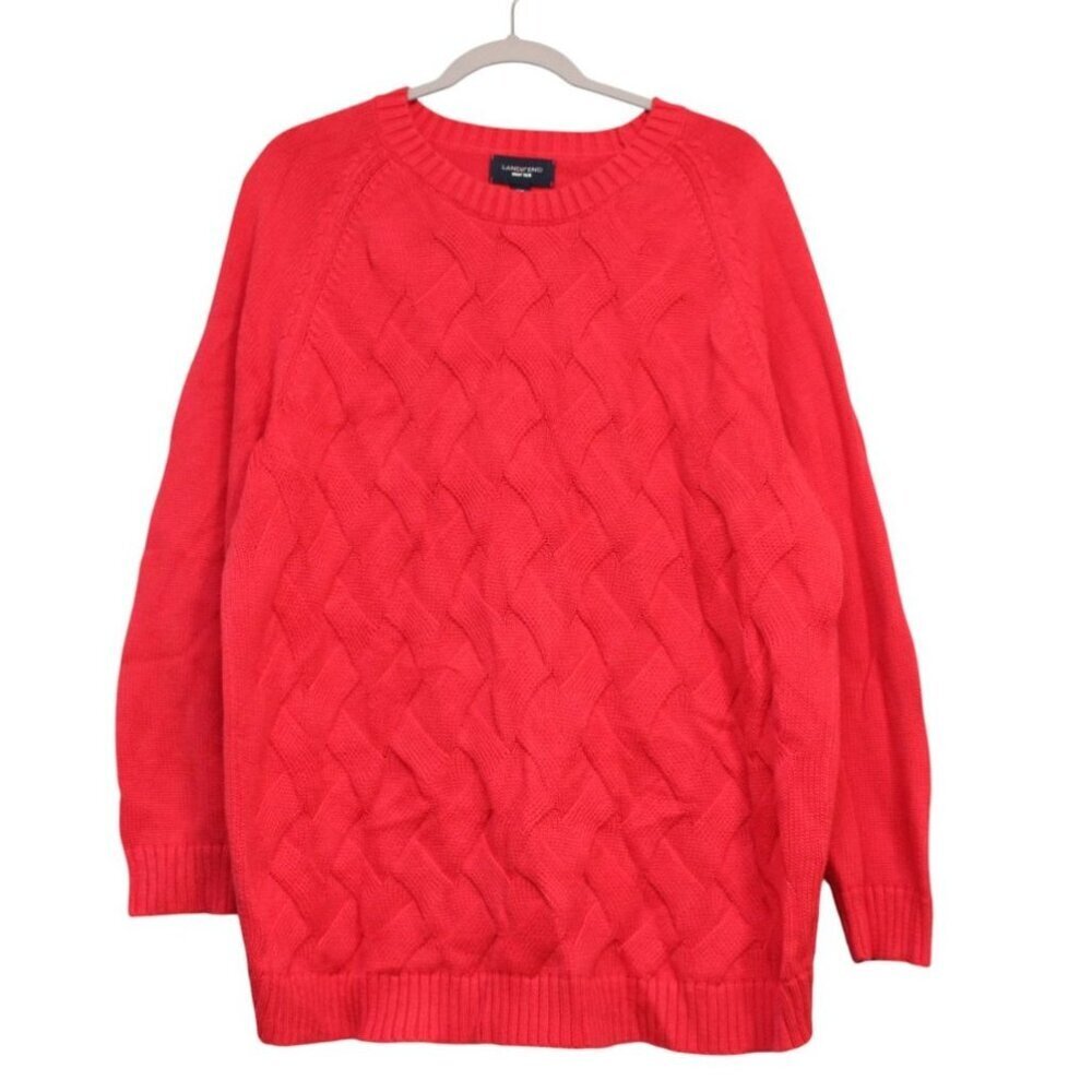 Lands End Drifter Sweater Size 2X Red Cable Knit 100% Cotton Classic Preppy